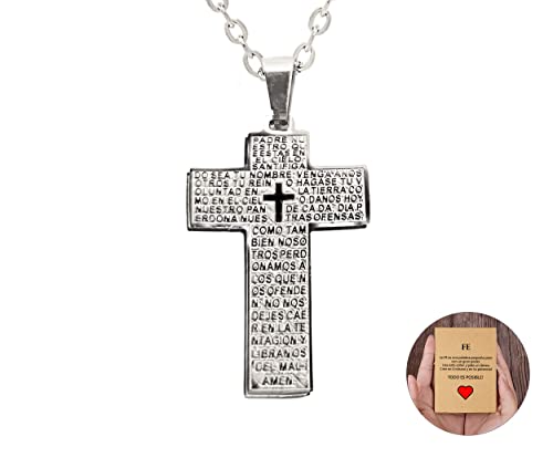 Only faith Collar Cruz para Mujer Acero Inoxidable colgante con Cruces collar 45 cm con Sobre o caja de regalo (Cruz Padre Nuestro Plateada)