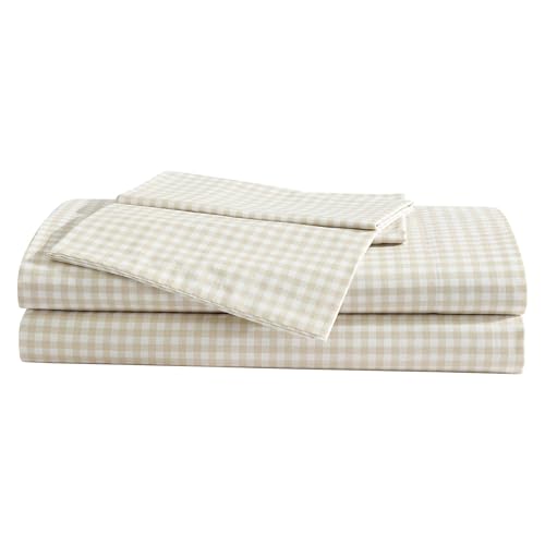 Image of Eddie Bauer - Full Size Sheet Set, 100% Cotton Percale Bedding, Crisp & Breathable Bed Sheets, Fully Elastic Fitted Sheet with Pillowcases (Little Gingham Beige)