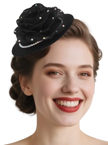 Bohend Fascinator Hat Flower Black Vintage Derby Hat Tea Party Wedding Hair Accessories with Rhinestone for Women and Girls