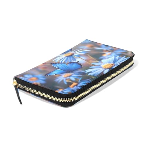 Long Wallets Leather Bifold Wallet for Women Blue Butterflies Floral with Zipper Credit Card Holder Large Capacity3