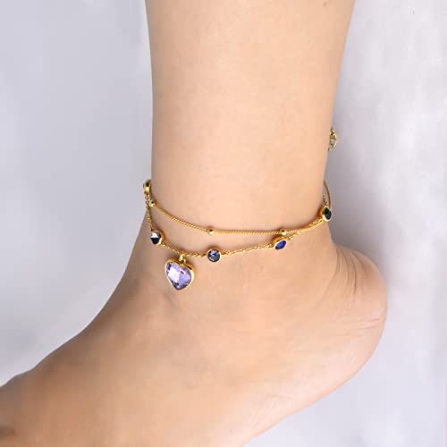 G&Gemsjew Purple Heart Anklet For Women, 14K Gold Plated Layered Anklet Gold Beaded Chain Ankle Bracelet For Women, Layering Multi-Color Rhinestone Cubic Zirconia Summer Beach Foot Chain Dainty Ankle Jewelry Gifts Handmade #TOP2