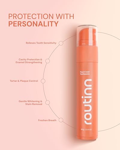 Image of Routinn Peach Iced Toothpaste Gel with Fluoride & Zinc | Peach Flavor with Cooling Finish | Sensitivity Support, Enamel Care & Fresh Breath | Airless Pump Dispenser | Unisex Daily Oral Care