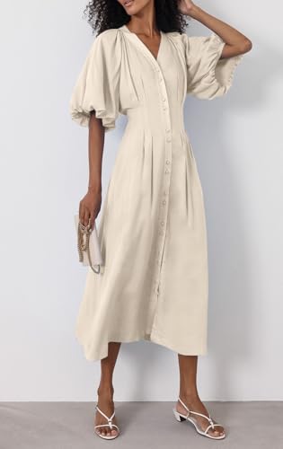 Image of chouyatou Women Summer Puff Sleeve Button Down Shirt Dress Flowy Elegant Business Casual Midi Long Dress