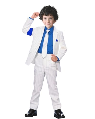Koongso Kids Pop King Michael Costume, Boys Super Star MJ Stage Outfits - White Stripe Coat Pants Tie 80s 90s Dress Up for Halloween Cosplay Dance Party