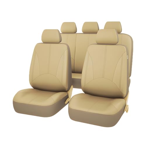 JNNJ 9 Piezas Fundas Asientos Coche, Sets Fundas Asiento Cuero Delanteros Traseros, Fundas Cuero Polvo Transpirables Juego Completo Protector Asiento, Cómodo Cubreasientos Accesorios(Beige)