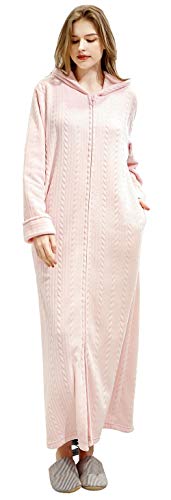 Acrossage Womens Robe Long Zipper Front Hooded Full Length Cozy Fluffy Housecoat Sleepwear Pink