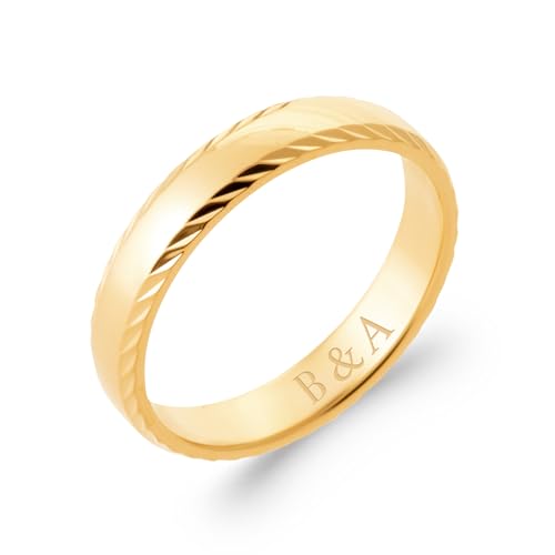 Bague Alliance en Plaqué Or 18 carats, Finition Lisse avec Motif Strié, Largeur 4 mm, Taille 50 à 68, Gravure Incluse, Marque Francaise, Bijou mixte Homme...