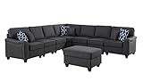 Lilola Home Leo Dark Gray Linen 8Pc Modular L-Shape Sectional Sofa and Ottoman