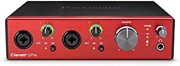 Interfaz de audio USB Clarett+ 2Pre de Focusrite para artistas. Los dos preamplificadores de micrófono con distorsión y ruido bajos aportan un sonido real