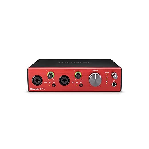Interfaz de audio USB Clarett+ 2Pre de Focusrite para artistas. Los dos preamplificadores de micrófono con distorsión y ruido bajos aportan un sonido real