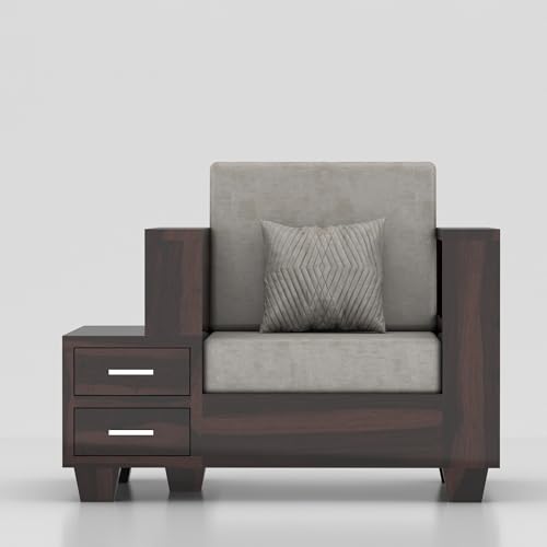 Image of Sheesham Wooden 1 Seater Sofa Set for Living Room | Solid Wood Sofa with Side Box Storage & Cushion | Rosewood Sofa Set for Home & Office | Lounge (Walnut, 1 Seater)