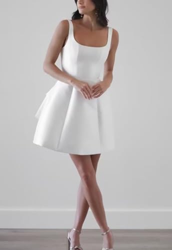 Wirunsy Satin Mini Wedding Dress for Bride with Big Bow Simple Bridal Gown Sqaure Neck A Line Formal Dress for Wedding with Pockets White 14 - Thumbnail 4