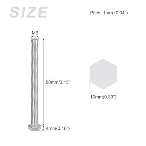 Image of METALLIXITY Hex Bolts (M6-1x80mm) 15Pcs, 304 Stainless Steel Coarse Fully Threaded Hex Head Screw Bolt Machine Screws - for Furniture Repair, Silver