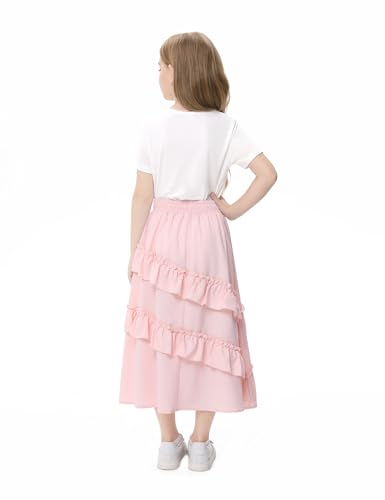 Image of Girls High Waisted Ruffle Maxi Skirt Soft Cotton Long Skirts with Elastic Waistband for Kid Girl 3-12 Years