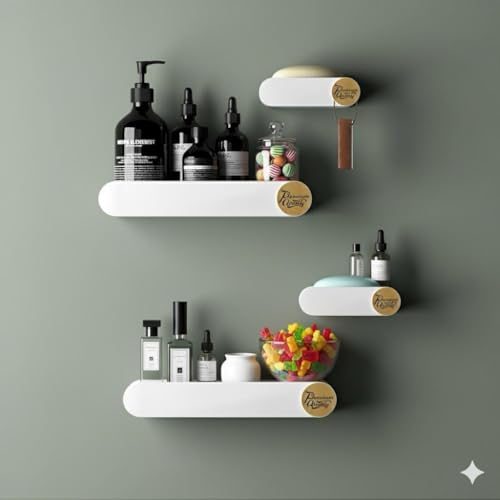 OSLEN Pack of 4 Bathroom Shelf for Wall, Self-Adhesive Bathroom Organiser Wall Mounted Shelf Storage Racks Bathroom Ideal Bathroom Accessories (2 Bathroom Shelves+ 2 Shop Dish White)