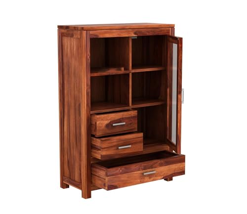 Image of Wood Book Shelf for Home Library || Wooden Book Shelf Cabinet with Glass and Drawer Storage || Crockery Cabinet for Kitchen || Shelf with Door (Honey Finish)