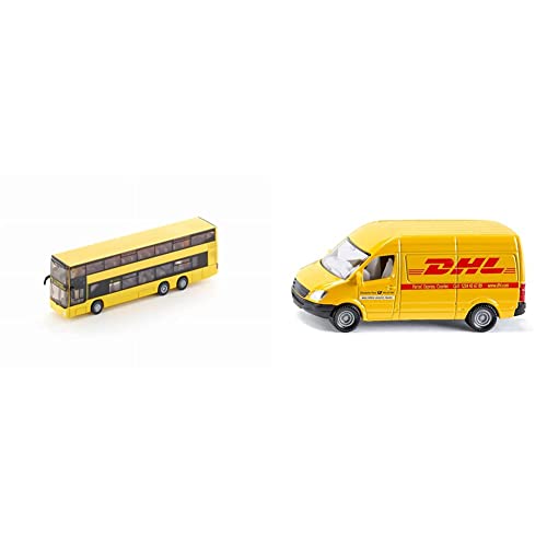 Siku 1884, Man Doppelstock Linienbus, 1:87, Metall/Kunststoff, Gelb, Bereifung aus Gummi & siku 1085, Postwagen, Metall/Kunststoff, Gelb, DHL-Optik, Vielseitig einsetzbar