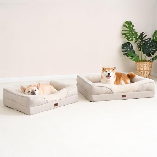 EHEYCIGA Orthopädisches Hundebett Kleine Hunde, 76x51x16.5cm, Memory Foam Waschbar und Wasserdicht Hundekorb mit 4 Rändern, Hundesofa Hundecouch rutschfest, Beige