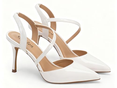 Image of Closed Toe Slingback Heels Wedding High Stiletto Heel for Women 3.3 Inch Ankle Strap Pointed Toe Pumps Prom Dress Bride Shoes for Dinner Party Sexy