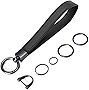 Car Key Fob Keychain Holder Genuine Leather Wristlet Loop Key Chain Circle Carabiner Clip for Men and Women with Anti-lost D Ring, Screwdriver, 4 Key Rings, 360 Degree Rotatable, Metal and Black