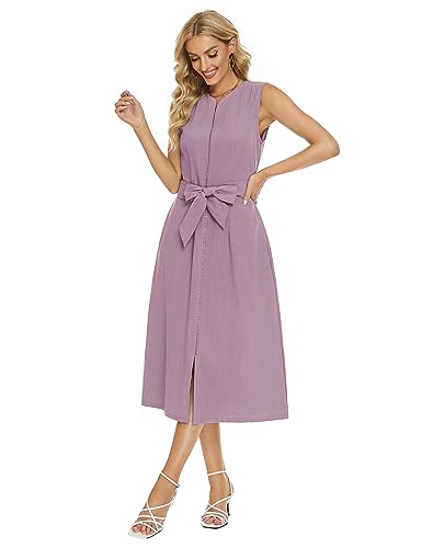 Image of Ladyful Women's Sleeveless Cotton Linen Midi Dress V Neck A Line Tank Dress