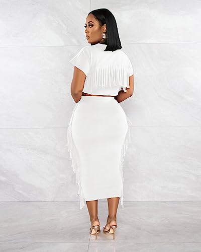 Image of YUEWOO 2 Piece Outfits for Women Sexy Crop Top Ruched Bodycon Maxi Dresses Fringe Skirt Sets Night Club Jumpsuits