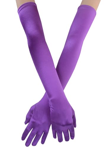 JISEN Women 20s Satin gloves Formal Bridal Banquet Party Wedding Opera Colorful Mitten 22 Inch Purple - Thumbnail 2