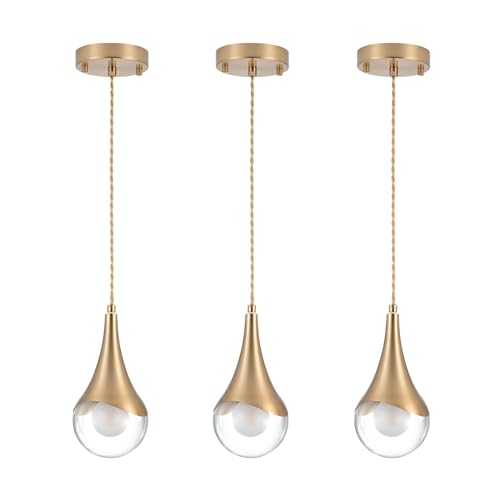 Dijiahua Gold Pendant Lights Kitchen Island 3 Pack, Modern Brass Raindrop Pendant Light Fixture Set of 3 with Clear Glass Globe,Mini Teardrop Chandelier,Adjustable Cord Hanging Lighting for Sink