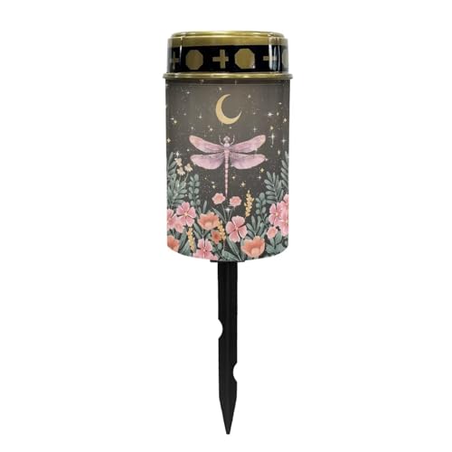 Image of Poceacles Solar Lights Outdoor Cemetery Grave Decor - Solar Memorial Lights, Pink Dragonfly Flower Moon