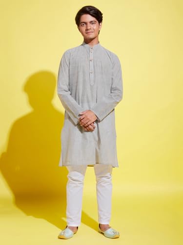 Image of VASTRAMAY boys VASTRAMAY YUVA Boys' Ash Grey and White Pure Cotton Kurta Pyjama Set