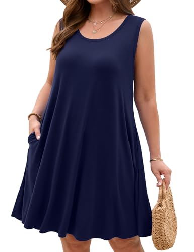 Image of JollieLovin Women Plus Size Curvy Summer Tank Sun Dresses Sleeveless Causal T-Shirt Dress Beach Swing Cover up(L-5X)