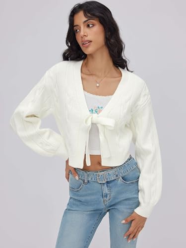 CIDER Womens Tie Front Cardigan Cute Fall Fashion Cozy Sweaters Trendy Crochet Cropped Going Out Puff Sleeve Top2