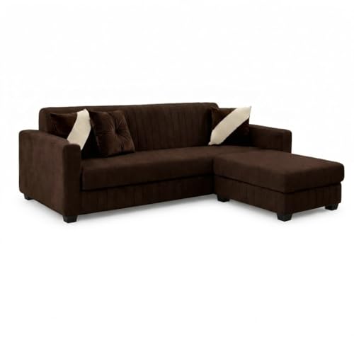 Image of SLEEPIFY Avren 3 Seater Velvet Fabric Sofa Set with 1 Ottoman (Dark Brown) | Premium Soft Velvet | Plush Comfort Cushions | Modern Living Room Sofa