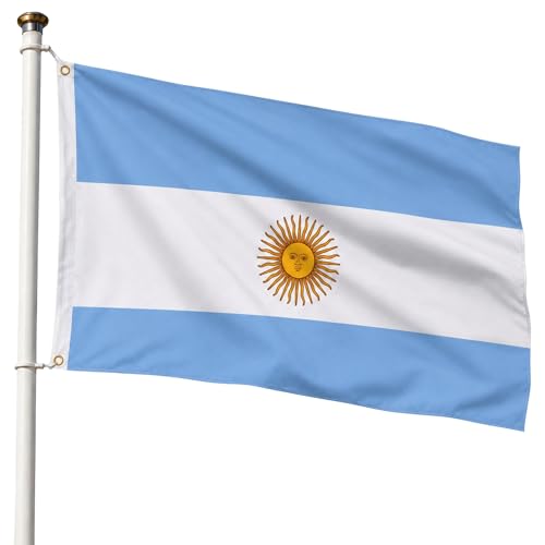Bandera Argentina 90x150cm,  Bandera Albiceleste con 2 Ojales de Latón, Argentine flag, Bandera Copa del Mundo, Bandera de País para exterior, Material Poliéster, Resistente al viento y lluvia