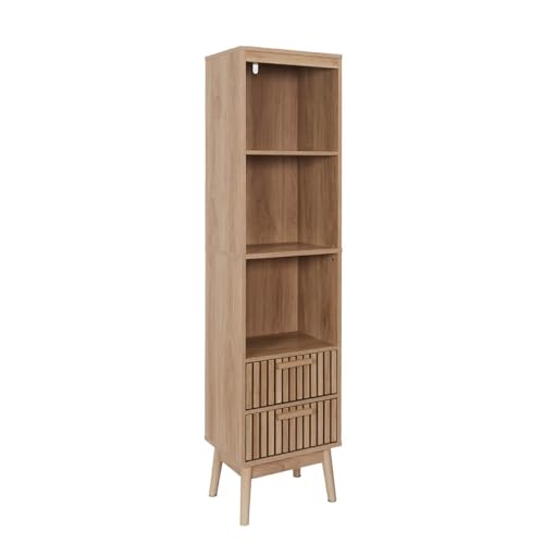 PAJAN - Rangement Colonne 2 Etagères 2 Tiroirs Effet Bois avec Tasseaux