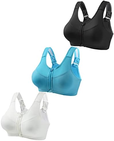 3 Pack Women Sports Bras High Support Large Bust Zipper Front Padded Wireless Post-Surgery Bra Racerback Workout Bra