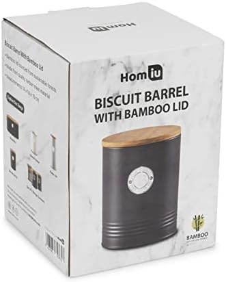 Biscuit Tin with Bamboo Lid Black , Durable Carbon Steel Cookie Jar, Airtight Lid on the Biscuit Barrel for Prolonged Freshness, Stylish Biscuit Jar for Sleek Kitchen Décor, 18.5 x 14 cm