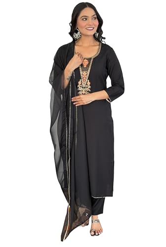 Image of Alvami Women's Silk Embroidery Straight Kurta and Pant Set with Dupatta