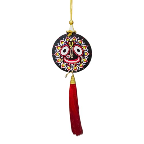 Vrindavanstore.in Lord Jagannath Car Hanging Ornament | Acrylic Rearview Mirror & Wall Decor | Spiritual Protection Charm for Car, Home Temple & Office | Divine Gift with Red Tassel