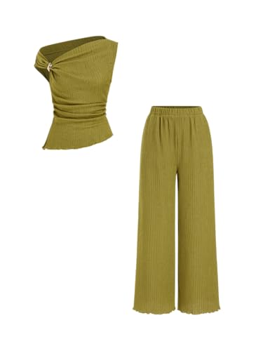CIDER Womens Two Piece Outfits One Shoulder Sleeveless Tops with Metal Decor Wide Leg Pants Summer Casual Outfits