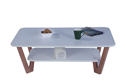 Image of Wooden Coffee Table with Solid Wood Legs, Engineered Wood Center Table for Living Room, Frosty White Finish