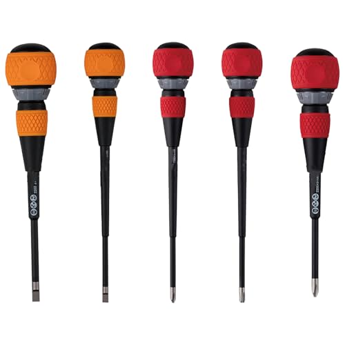 Juego de 5 destornilladores de trinquete con mango ergonómico para un agarre cómodo. Operaciones eficientes en diferentes configuraciones