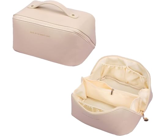 Image of Large Capacity Travel Cosmetic Bag, Leather Makeup Bag with Handle and Divider, Waterproof Cosmetic Bag, Portable Leather Toiletry Bag, Roomy Cosmetic Bag for Women & Girls(White)