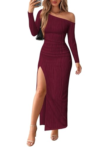 Lazysmile Womens Long Sleeve Maxi Dresses Off Shoulder Bodycon Cocktail Formal Wedding Guest Slit Long Dress Fall Outfits Wine Red