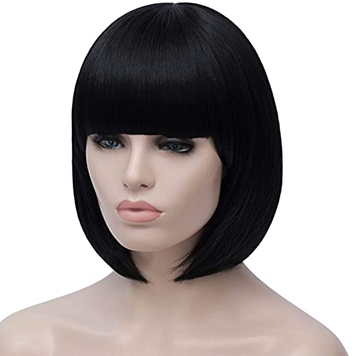 Bopocoko Black Bob Wigs For Women, 12'' Short Black Hair Wig With Bangs, Natural Fashion Synthetic Wig, Cute Colored Wigs For Daily Party Halloween Bu027Bk #TOP3