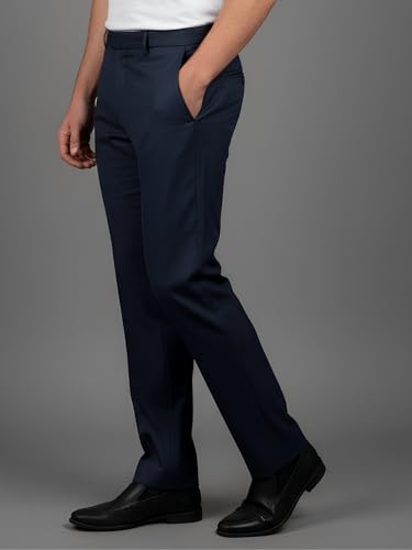 Image of LIVE IN Mens Navy Blue Cotton Slim Fit Mid Rise Solid Formal Trousers