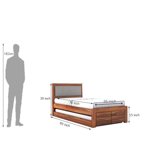 Image of Ganpati Arts Sheesham Wood Euro Single Size Trundle Bed with 1 Extra Pullout Bed for Bedroom Living Room Hostel Home (Natural Finish)