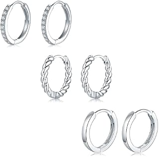 3 Pairs Silver & Gold Hoop Earrings for Women Sterling Silver Hoop Earrings Set Huggies Earrings with Cubic Zirconia Small Hoop Earrings Sleeper Earrings for Girls Twisted Hoops Earring Jewellery Gift