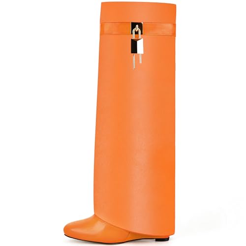 Image of Fold Over Boots for Women Pointy Pull-on Wedge Heel Knee Shark Boot With Side Zipper Padlock Design
