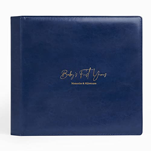 Image of Leather-Bound Baby Book Memories from Baby Shower to Age 5 - Baby Scrapbook Album with Baby Footprint Ink Pads, Milestone Stickers | Classic Baby Memory Book Newborn Boys Girls | Beautiful Gift Set